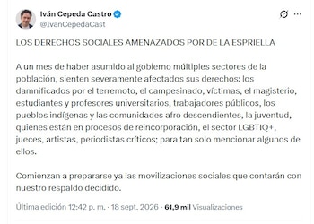 Iván Cepeda hizo el anuncio el viernes 18 de septiembre de 2026 vía X - crédito @IvanCepedaCast/X