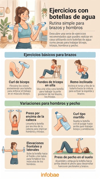 Una infografía muestra a una mujer realizando ejercicios con botellas de agua y describe siete rutinas para brazos, hombros y pecho.
