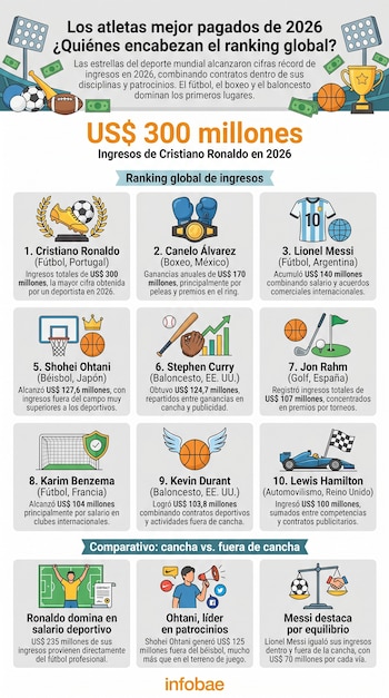 Infografía que presenta a los 10 atletas mejor pagados en 2026, incluyendo sus nombres, deportes, nacionalidades, ingresos y gráficos ilustrativos.