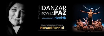 Cartel promocional dividido en tres secciones. Izquierda: retrato de una mujer en blanco y negro. Centro: texto "Danzar por la Paz" y logo de UNICEF. Derecha: bailarines en escena