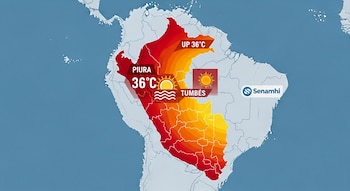 Mapa de Sudamérica con Perú en colores de calor. Muestra Piura 36 °C con sol y olas, y Tumbes UP 36 °C con sol. Logo Senamhi.
