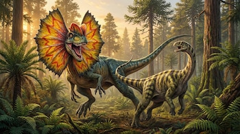 Un Dilophosaurus verde con gorguera y fauces abiertas ataca a un dinosaurio rayado pequeño en un bosque denso con helechos y árboles grandes.