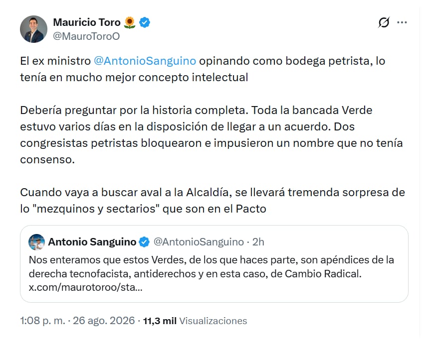 Con este otro mensaje, el representante Mauricio Toro se despachó contra el exministro de Trabajo Antonio Sanguino - crédito @MauroToroO/X
