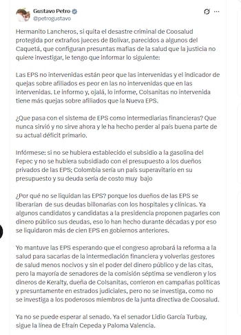 El presidente Gustavo Petro defendió la intervención de las EPS y aseguró que están mejor que las entidades que no están bajo el control de la Superintendencia Nacional de Salud - crédito @petrogustavo/X