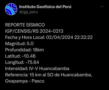 Reportan temblor en Pasco.