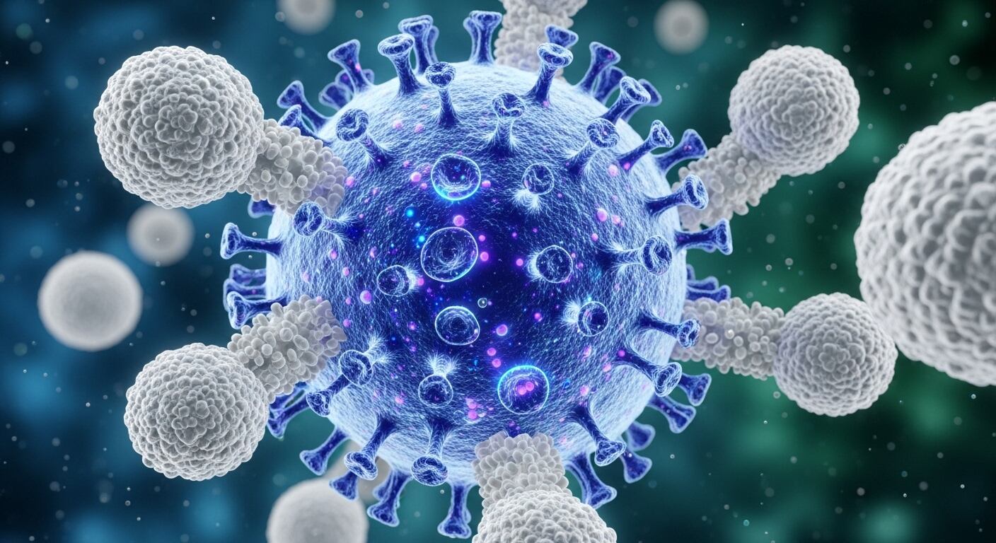 Imagen generada por computadora que muestra un virus rodeado por células del sistema inmunológico. La ilustración destaca la interacción entre el patógeno y las defensas del cuerpo humano, un tema central en la investigación biomédica actual. (Imagen Ilustrativa Infobae)