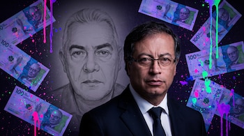 Gustavo Petro con gafas y traje, dibujo en escala de grises de alias Papá Pitufo, y billetes de 100 mil pesos colombianos con pintura neón.