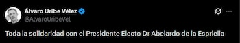 El expresidente Álvaro Uribe expresa su solidaridad con Abelardo de la Espriella tras la denuncia de amenaza - crédito
@AlvaroUribeVel / X
