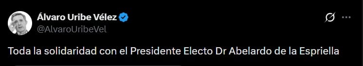 El expresidente Álvaro Uribe expresa su solidaridad con Abelardo de la Espriella tras la denuncia de amenaza - crédito
@AlvaroUribeVel / X
