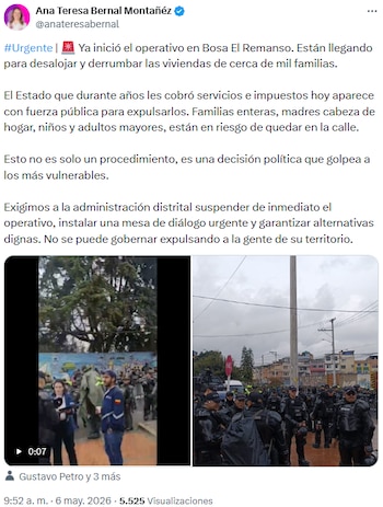 Ana Teresa Bernal denunció desalojo masivo en Bosa y exigió alternativas dignas para mil familias - crédito @anateresabernal/X