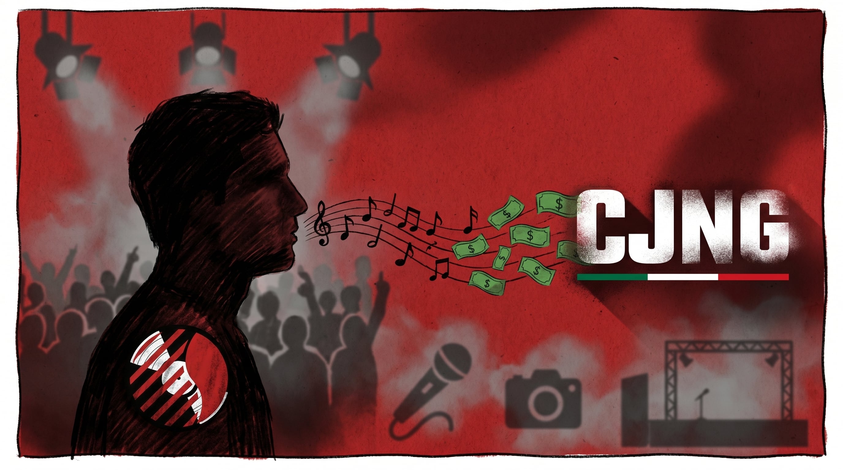 Una ilustración editorial muestra la silueta de un hombre con el logo de Del Records, de cuya boca emergen notas musicales que se convierten en billetes y desembocan en el logo del CJNG, simbolizando el lavado de dinero en la industria musical. (Imagen Ilustrativa Infobae)