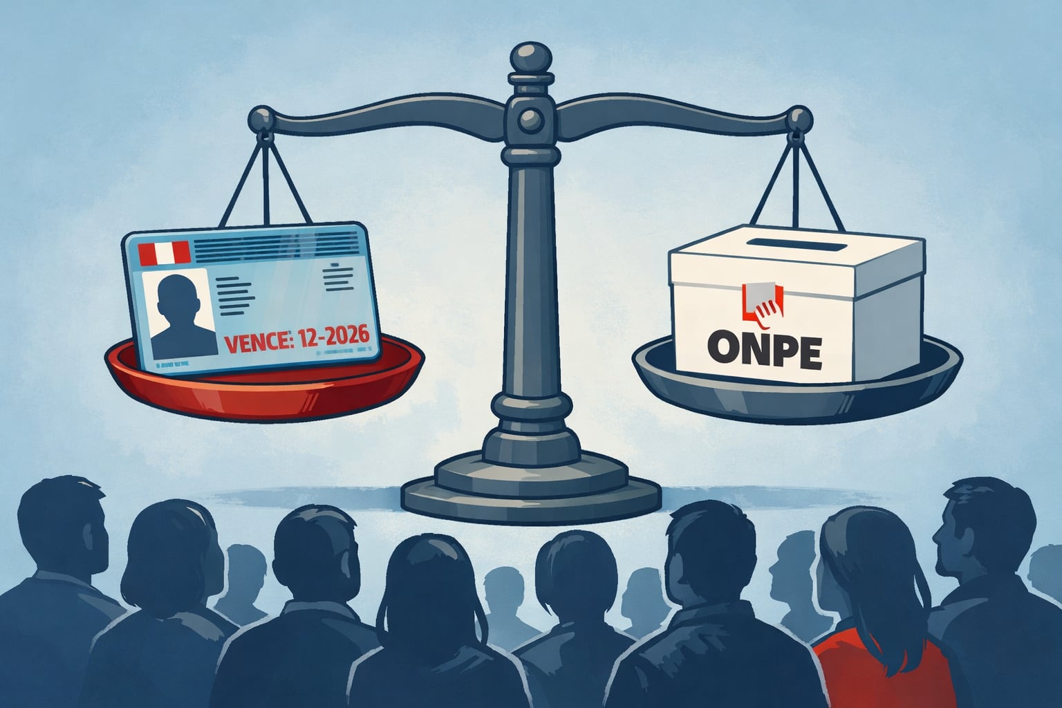 Una balanza editorial muestra un DNI peruano vencido contrapuesto a una urna electoral de la ONPE, simbolizando la tensión entre los derechos ciudadanos y los requisitos legales para el voto en Perú, observada por ciudadanos expectantes. (Imagen Ilustrativa Infobae)