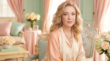 Retrato de Edith González, una mujer rubia de ojos claros, vestida con una bata satinada en tonos pastel, sentada en un sillón elegante en un ambiente sofisticado.