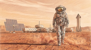 Dibujo a lápiz de un astronauta con traje espacial que camina por un terreno rojizo frente a módulos, paneles solares y una nave.
