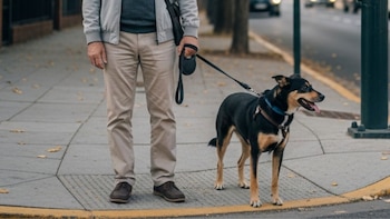 Hombre con pantalón beige y chaqueta gris sujeta correa de perro negro y marrón en una acera. Un cordón amarillo delimita la calle con coches
