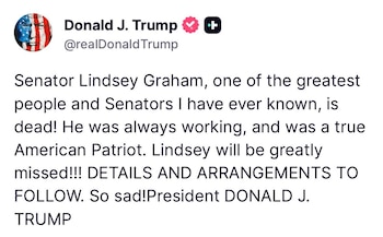 Captura de pantalla de un tuit de Donald J. Trump que anuncia la muerte del senador Lindsey Graham