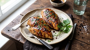 Dos pechugas de pollo con salsa oscura y perejil picado servidas en un plato de cerámica sobre una mesa de madera con cubiertos.