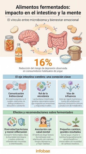 Ilustración de un cerebro y un intestino, con flechas que indican conexión. Rodean varios alimentos fermentados como kimchi, kombucha, yogur y chucrut.
