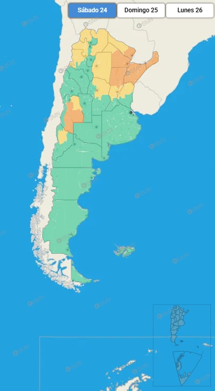 Un mapa del Servicio Meteorológico Nacional señala diferentes niveles de alerta meteorológica en varias regiones de Argentina para el sábado 24