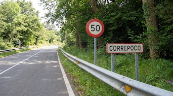 Carretera asfaltada con línea blanca, guardarraíl metálico, señal redonda de límite de velocidad 50 y cartel rectangular con el nombre Correpoco. Árboles verdes.