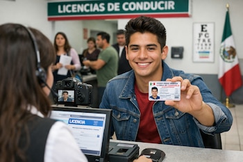 Un joven sonriente muestra su licencia de conducir mexicana frente a una cámara. Una empleada en un mostrador. Un letrero "LICENCIAS DE CONDUCIR" y una bandera de México.