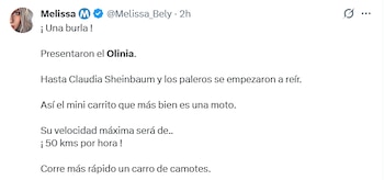 Captura de pantalla de un tuit de Melissa Bely (@Melissa_Bely) criticando el auto eléctrico 'Olinia' por su baja velocidad