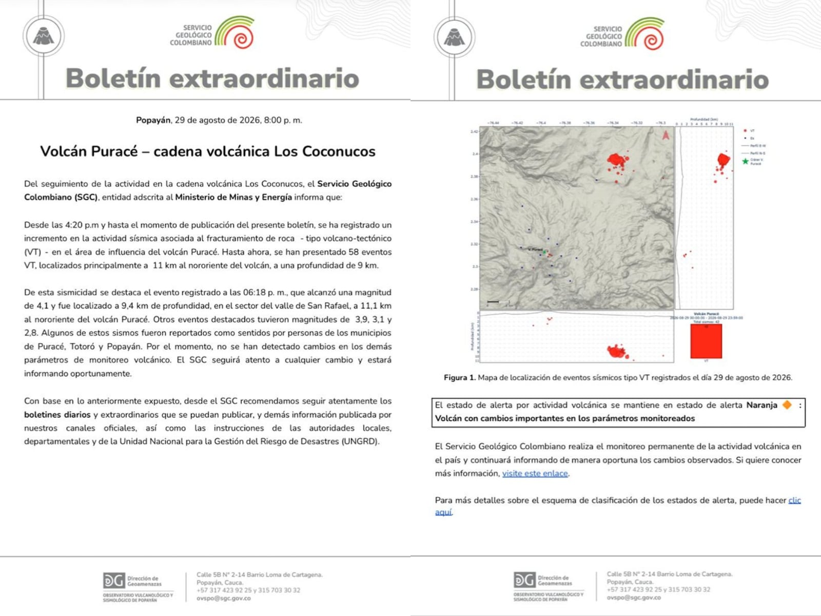 El Servicio Geológico Colombiano reportó un aumento de la actividad sísmica volcano-tectónica en el volcán Puracé entre las 4:20 p. m. y las 8:00 p. m. del 29 de agosto de 2026 - crédito SGC