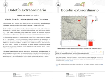 El Servicio Geológico Colombiano reportó un aumento de la actividad sísmica volcano-tectónica en el volcán Puracé entre las 4:20 p. m. y las 8:00 p. m. del 29 de agosto de 2026 - crédito SGC