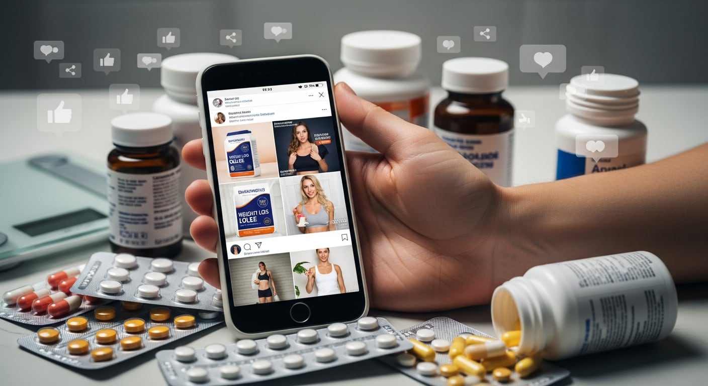 La imagen muestra una mano sosteniendo un móvil con publicidad de productos para adelgazar, rodeado de pastillas y envases, ilustrando el impacto de las redes sociales en el consumo irresponsable de fármacos. (Imagen Ilustrativa Infobae)