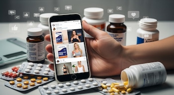 Una mano sostiene un smartphone mostrando publicidad de productos adelgazantes en redes sociales, con envases de fármacos y pastillas esparcidas sobre una mesa.