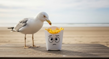 Una gaviota en una mesa de madera en la playa observa un envase de papas fritas con una cara dibujada, con el mar y la arena de fondo.