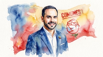 Retrato en acuarela de un hombre con barba, traje azul y pin de la bandera de Colombia. Detrás, un fondo con la palabra COMUNES y un logo.