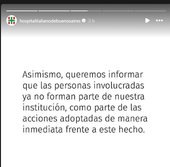 Captura de pantalla de un comunicado oficial del Hospital Italiano de Buenos Aires en redes sociales, informando la desvinculación de personal