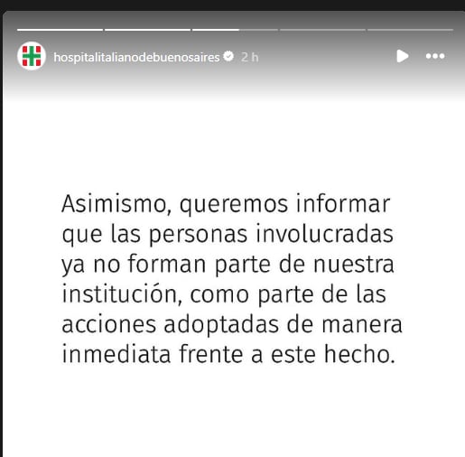 El Hospital Italiano de Buenos Aires comunicó la desvinculación inmediata de personas involucradas en un hecho, como parte de las acciones adoptadas por la institución. (Hospital italiano )