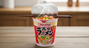 Una taza de sopa instantánea Maruchan roja y blanca con fideos, vegetales y camarones humeantes, con palillos encima, sobre una mesa de madera.