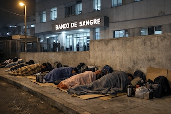 Personas duermen cubiertas con frazadas y cartones en la vereda frente a un edificio con el letrero "Banco de Sangre" iluminado por farolas urbanas.