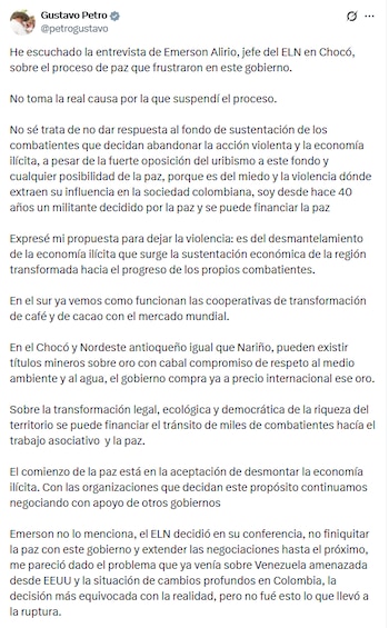 El jefe de Estado señaló que los actos violentos del grupo armado ilegal en El Catatumbo fueron los causantes de la decisión de la actual administración - crédito @petrogustavo/X