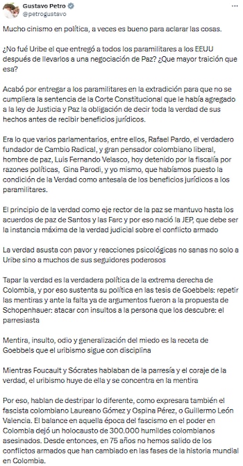 Gustavo Petro respondió a Álvaro Uribe Vélez: “Extraditó a los paramilitares para evitar la verdad” - crédito @petrogustavo/X