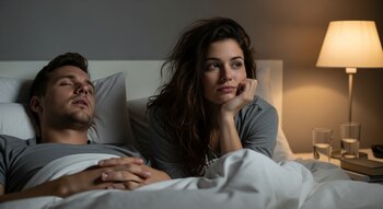 Hombre durmiendo plácidamente en una cama blanca junto a una mujer despierta, con el cabello suelto, apoyando la barbilla en su mano, en una habitación oscura.