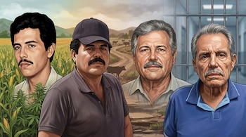 Cuatro retratos ilustrados de Ismael El Mayo Zambada en diferentes edades, sobre fondos que transitan del campo con plantaciones y ganado a celdas penitenciarias.