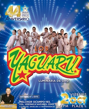 Cartel promocional azul con los integrantes de Los Yaguarú en trajes claros, logotipos dorados y detalles de una presentación