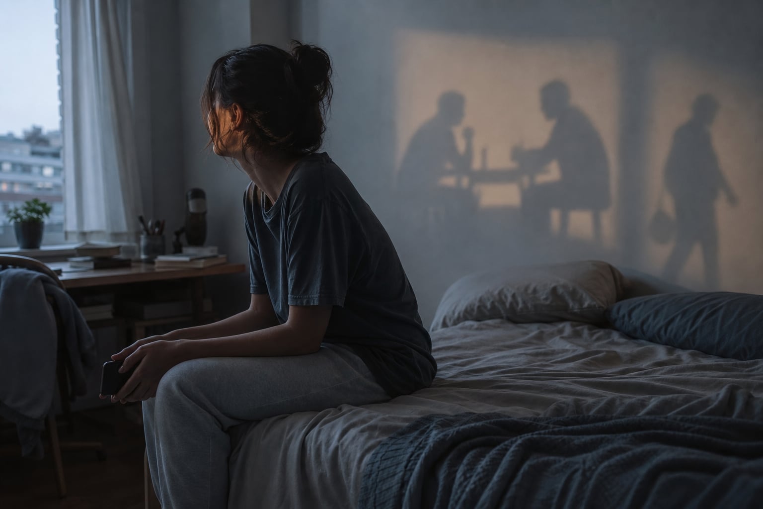 Una mujer permanece sentada en el borde de la cama mientras sombras proyectadas en la pared representan recuerdos y momentos de una relación pasada. (Imagen Ilustrativa Infobae)