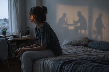 Mujer sentada de perfil en el borde de una cama sosteniendo un teléfono frente a una pared con sombras de personas y una ventana.