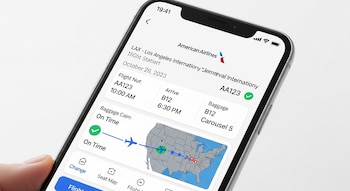 Smartphone com aplicativo da American Airlines aberto, mostrando detalhes do voo, mapa de rotas e status da bagagem, em fundo branco.