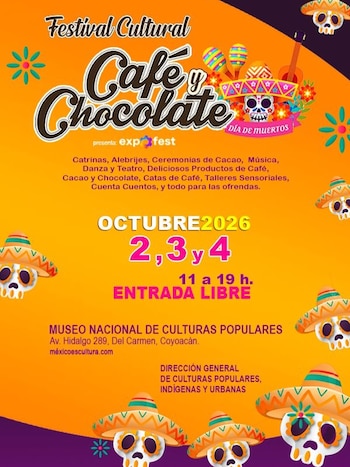 Cartel naranja con calaveras decoradas con sombreros, maracas y flores, que anuncia el Festival Cultural Café y Chocolate en Coyoacán