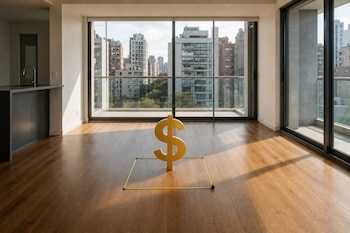 Un símbolo de dólar dorado se ubica dentro de un cuadrado formado por una cinta métrica en el suelo de madera de un departamento vacío.