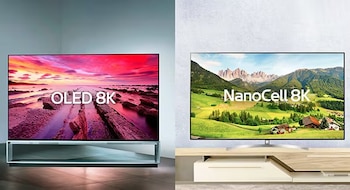 Dos televisores encendidos con los textos OLED 8K y NanoCell 8K muestran paisajes de un atardecer costero y un valle montañoso