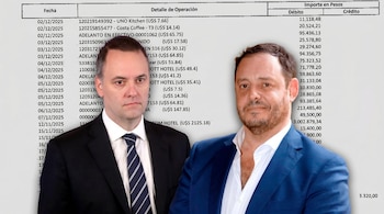 La imagen muestra las figuras de Manuel Adorni y Carlos Reidel superpuestas sobre una planilla de registros financieros con fechas y montos.