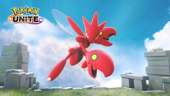 Scizor, criatura roja con tenazas y alas, suspendida en el aire sobre bloques de piedra y césped, junto al logotipo de Pokémon Unite