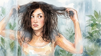 Ilustración en acuarela de una mujer con cabello castaño encrespado sosteniendo su pelo entre cristales con gotas de agua y plantas de fondo.